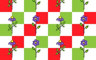 Vector seamless colored checkered pattern with hand drawn flowers in cartoon style. Pattern for textiles, wrapping paper.