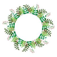 Vector spring card. Frame of colored berries, branches and leaves around a white circle. Greeting card.