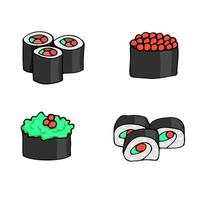 Set of vector images of sushi and rolls of Japanese cuisine. Color illustration on a white background.