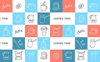 Vector seamless colored checkered pattern with hand drawn elements in cartoon style. Coffee utensils on blue, blue, red and white. Pattern for textile, wrapping paper with coffee accessories.