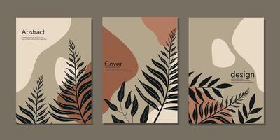 Botanical cover vector set. Hand draw template leaves and line art background for paper, Foliage line art drawing with abstract shape. Abstract Plant Art design for invitation, cover book, notebook