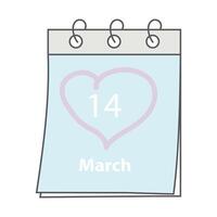 calendario página con 14 marzo fecha y mano dibujado corazón conformado ataque. blanco día saludos diseño idea vector