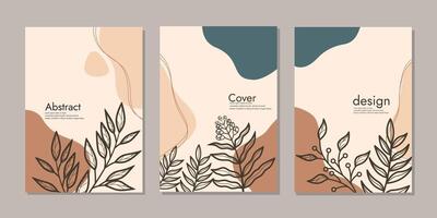 Botanical cover vector set. Hand draw template leaves and line art background for paper, Foliage line art drawing with abstract shape. Abstract Plant Art design for invitation, cover book, notebook