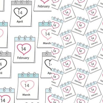 Set of seamless patterns with calendar pages with date 14 February, 14 March and 14 April. Backdrop vector