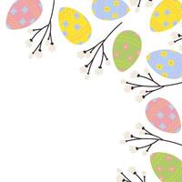 Vibrant corner frame border of Easter eggs and spring flowering twigs. Copy space. Easter greetings vector