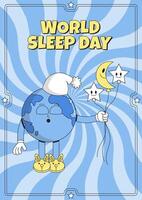 World Sleep Day poster. Sleeping character planet Earth in a cap holds balloons moon, stars in his hands. Psychedelic smile. Retro mascot cartoon style. Vector flat illustration