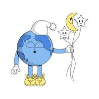 mundo dormir día. tierra hora. dormido personaje planeta tierra en un gorra sostiene globos Luna y estrellas en su manos. psicodélico sonrisa. retro dibujos animados vector plano ilustración
