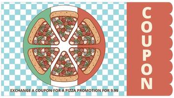 italiano rápido comida pedazo Pizza. cupón promoción, descuento bandera, regalo vale. retro colores. plano estilo. vector ilustración.