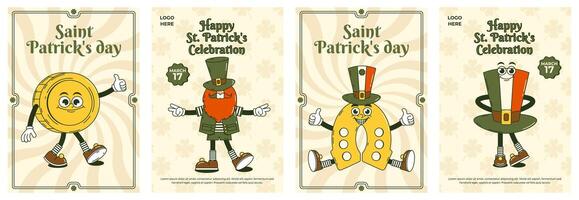 Happy Saint Patricks Day retro set greeting card, party invitation. Funky groovy cartoon characters. Vintage funny mascot patch psychedelic smile and emotion. Comic trendy vector illustration