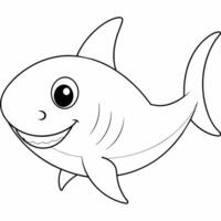 coloring book page of a black and white line art illustration of a cartoon shark. vector