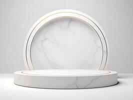 AI generated 3D rendering of empty round white marble podium for product presentation photo