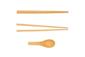 Wooden spoon and chopsticks, isolated on white background. Top view image. photo