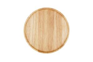 Empty round wooden plate. Top view image. photo