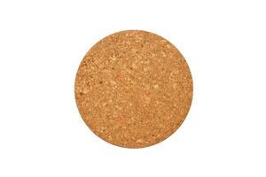 Empty round cork coaster, isolated on white background. Top view image. photo