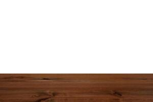 Empty blank rustic dark brown wooden table top, isolated on white.   Product display background. photo