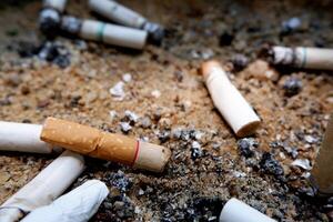 Close-up image of smoked cigarette butts in cigarette receptacle. photo