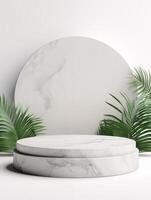 AI generated 3D rendering of empty round white marble podium for product presentation photo