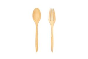 Wooden spoon and fork, isolated on white background. Top view image. photo