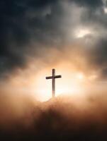 AI generated Cross in the clouds radiates the light of faith and hope photo