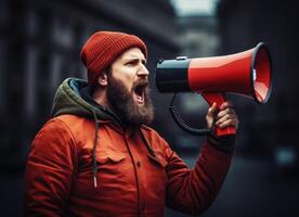 AI generated Big sale. Emotional portrait of marketing professional with megaphone. photo