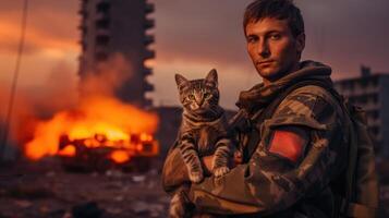 ai generado retrato de un militar hombre participación un gatito foto