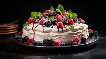 AI generated A Pavlova cake surrounded by scattered berries and mint leaves on a rustic metal tray, Mid-angle Shot photo