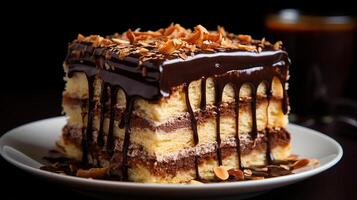 AI generated Opera cake slice with chocolate glaze and layers of almond visible from the side served on ceramic plate, Close-up Shot photo