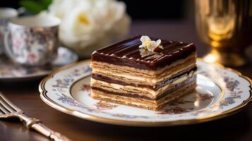 AI generated A slice of Opera cake with signature layers visible placed on a antique plate, Mid-angle Shot photo