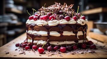 AI generated A Black Forest Cake covered with chocolate shavings on a rustic wooden table, Mid-angle Shot photo