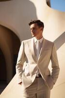 AI generated White man wearing a sleek and tailored outfit posing in front of a minimalist architectural backdrop, Mid-length Shot photo