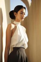 AI generated Asian woman wearing a chic outfit, posed against a simplistic curved architectural building, Side Profile Shot photo