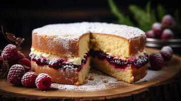 AI generated A cut slice of Victoria Sponge Cake with strawberry jam and topped with powdered sugar placed on a rustic wooden table, Close-up Shot photo