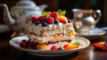 AI generated A slice of Pavlova cake filled with whipped cream and topped with fresh fruits placed on an antique porcelain plate, Macro Shot photo