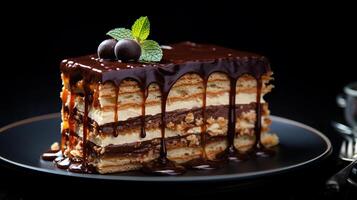 AI generated Opera cake with chocolate glaze and layers of almond visible from the side set against a black backdrop, Macro Shot photo