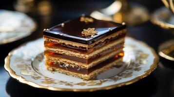 AI generated A slice of Opera cake with signature layers visible placed on a antique plate, Mid-angle Shot photo