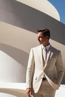 AI generated White man wearing a sleek and tailored outfit posing in front of a minimalist architectural backdrop, Mid-length Shot photo