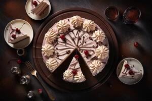 AI generated Black Forest Cake Slices on a Dessert Platter, Flat Lay Shot photo