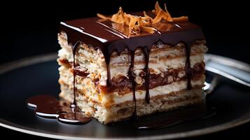 AI generated Opera cake with chocolate glaze and layers of almond visible from the side set against a black backdrop, Macro Shot photo