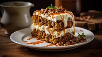 AI generated A slice of Carrot Cake with cream cheese served on a vintage ceramic plate, Artistic Shot photo