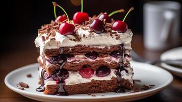 AI generated A slice of Black Forest Cake with chocolate shavings, whipped cream, and filling cherry jam on white plate, Close-up Shot photo