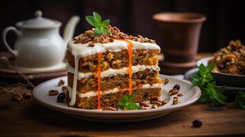 AI generated A slice of Carrot Cake with cream cheese served on a vintage ceramic plate, Artistic Shot photo