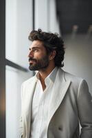 AI generated Middle Eastern man wearing an outfit with strong clean lines, standing within a simplicity white-walled space, Side Profile Shot photo