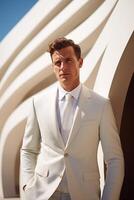 AI generated White man wearing a sleek and tailored outfit posing in front of a minimalist architectural backdrop, Mid-length Shot photo