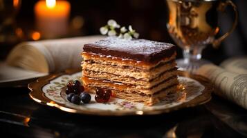 AI generated A full Opera cake with signature layers visible from the side, placed on a vintage silver tray with a lace background, Close-up Shot photo