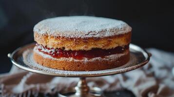 AI generated Victoria Sponge Cake filling with strawberry jam and topped with powdered sugar placed on an cake stand, Mid-angle Shot photo