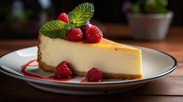 AI generated A slice of classic New York cheesecake on a porcelain plate, Close-up Shot photo