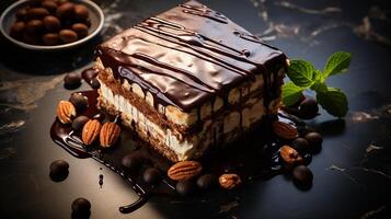 AI generated Opera cake slice with chocolate glaze and almond on top placed on a marble countertop, Overhead Shot photo