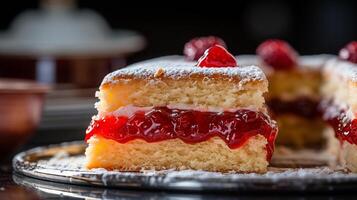 AI generated Victoria Sponge Cake with fluffy texture, strawberry jam filling, and topped with powdered sugar placed on white plate, Close-up Shot photo