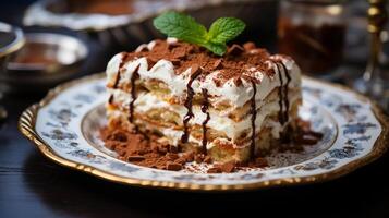 ai generado Tiramisu pastel rebanada con capas de mascarpone crema y chocolate virutas en un antiguo plata plato, ángulo medio Disparo foto