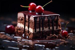 AI generated Slice of Black Forest Cake with Chocolate Cherry Combination against a dark background, Macro Shot photo